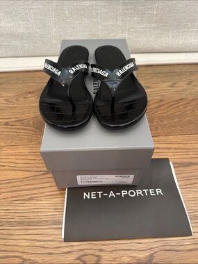 Balenciaga Black Patent Logo Thong Sandals
